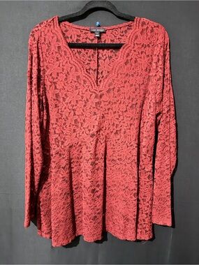Lane Bryant Burgundy Floral Lace Long Sleeve V-Neck Top